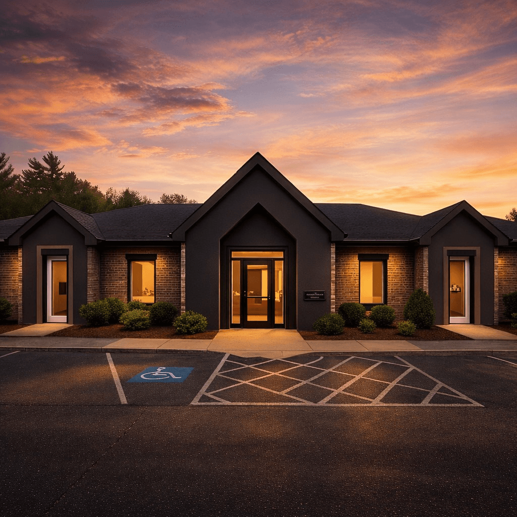 Bridgewater Dental Center exterior at dusk, warm interior lights glowing through gabled windows